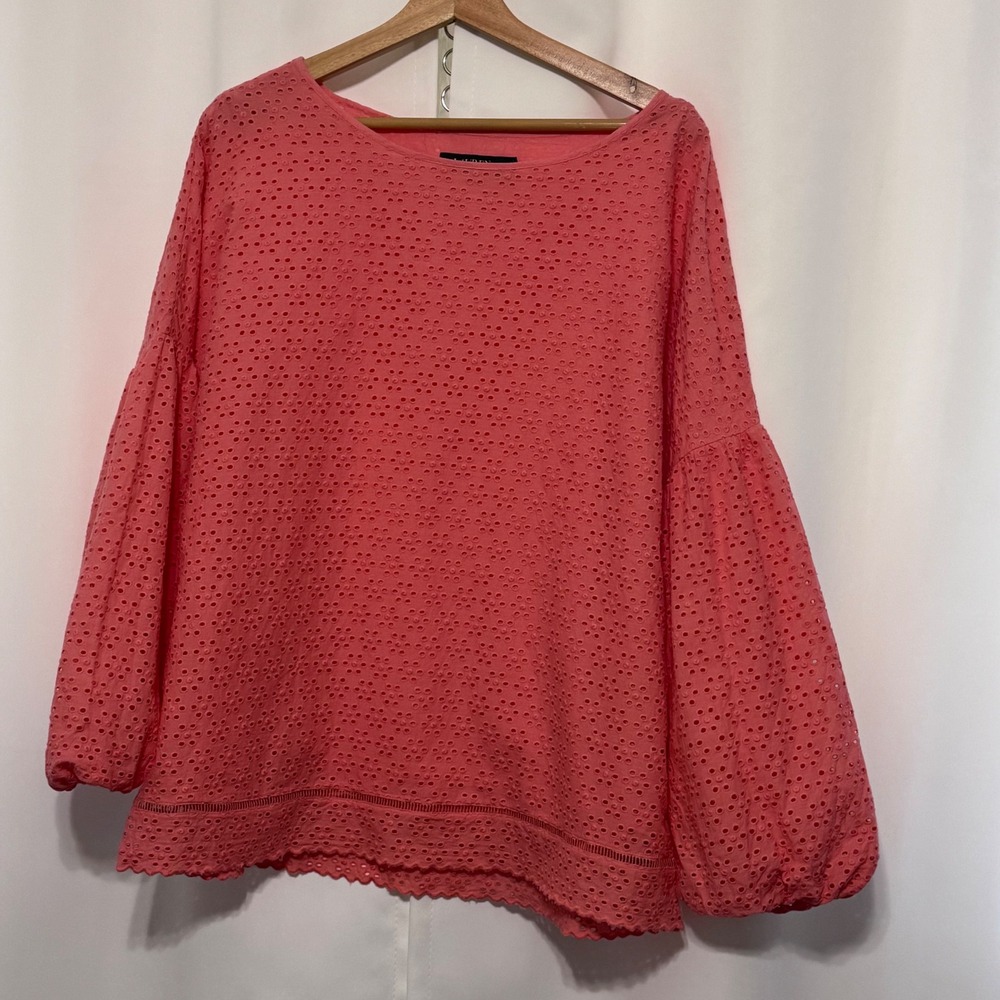 Lauren Ralph Lauren Coral Pink Eyelet Cotton Balloon Sleeve Blouse XL